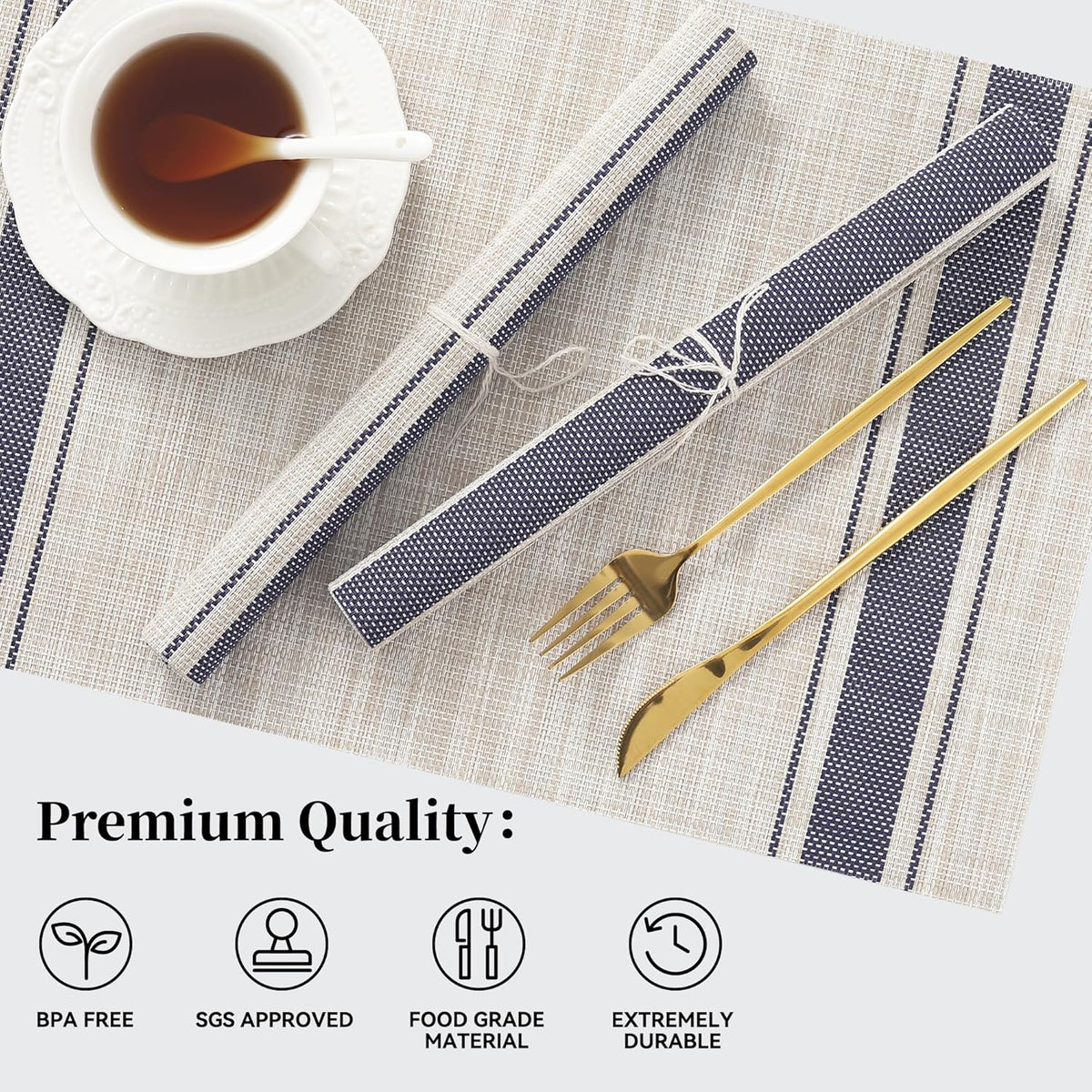 [Set Of 6] Khaki Blue Dining Table Placemats