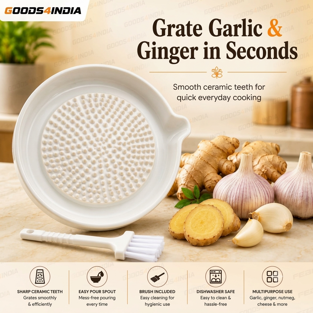 Ceramic Garlic Grater Plate with Brush Manual Crusher Grinder Tool for Ginger, Garlic, Turmeric, Nutmeg, Fruits & Vegetables Durable, Easy to Clean, Non-Slip Kitchen Utensil (Medium)