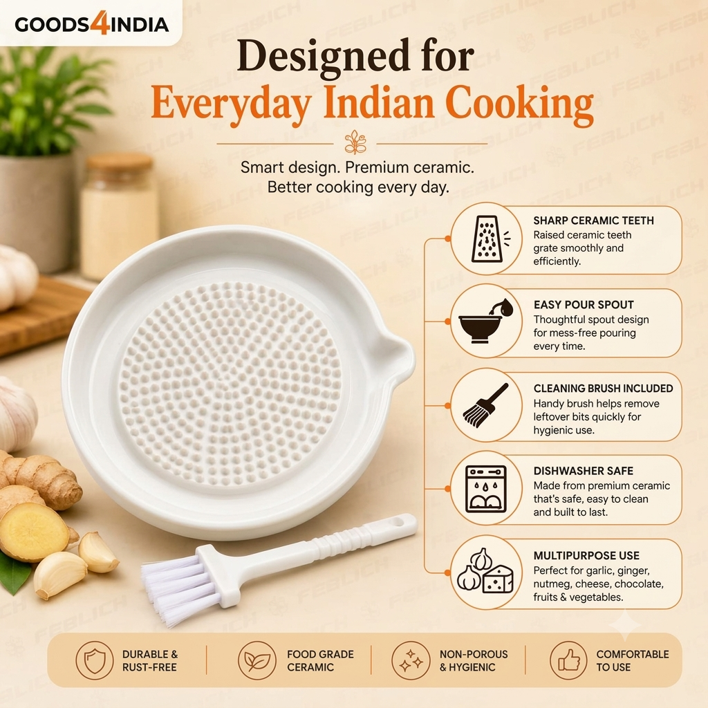 Ceramic Garlic Grater Plate with Brush Manual Crusher Grinder Tool for Ginger, Garlic, Turmeric, Nutmeg, Fruits & Vegetables Durable, Easy to Clean, Non-Slip Kitchen Utensil (Medium)