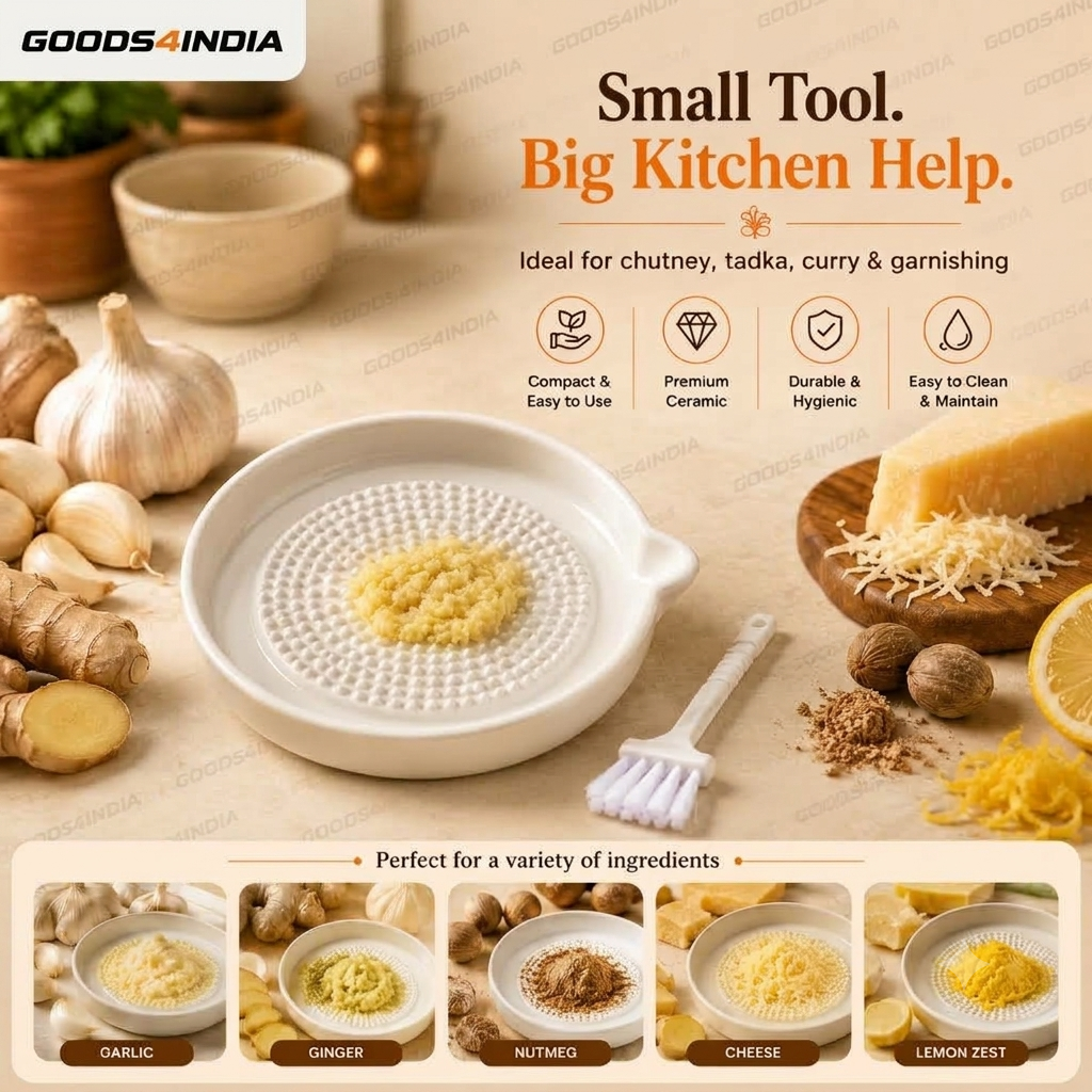 Ceramic Garlic Grater Plate with Brush Manual Crusher Grinder Tool for Ginger, Garlic, Turmeric, Nutmeg, Fruits & Vegetables Durable, Easy to Clean, Non-Slip Kitchen Utensil (Medium)