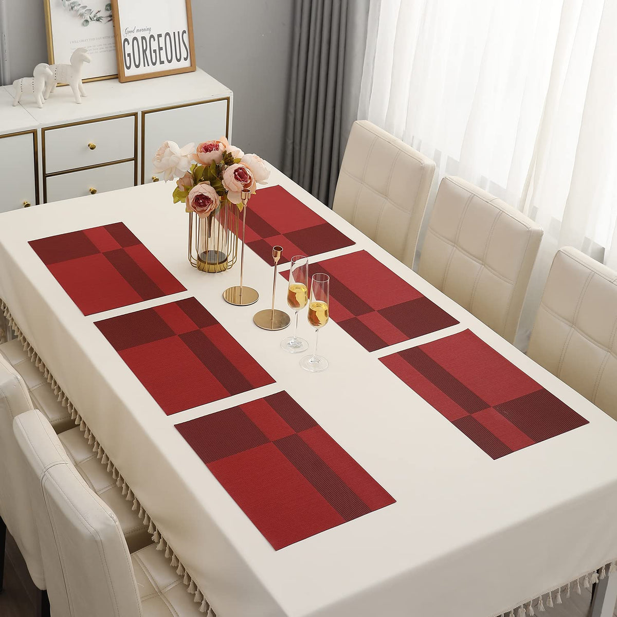 [Set Of 6] Red Colour Dining Table Placemats